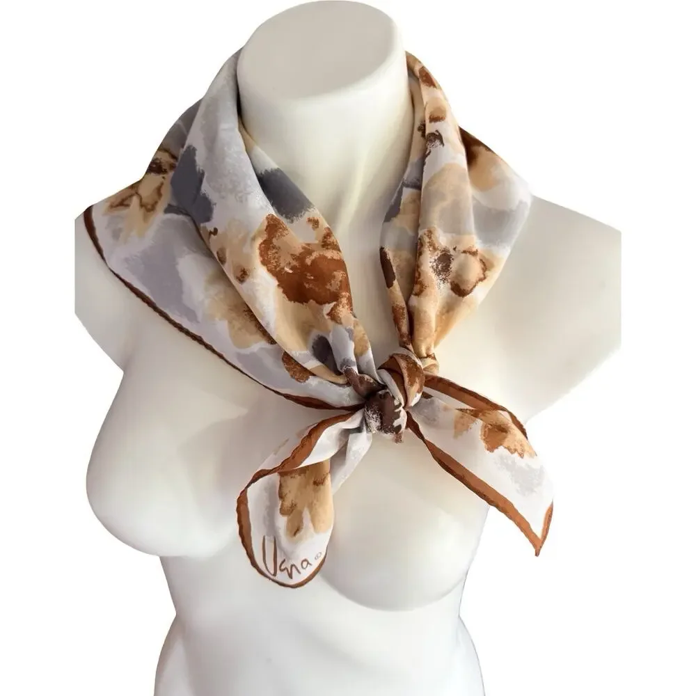 Vera Neumann Vintage Square Scarf Abstract Floral Caramel Brown Grey 20x20